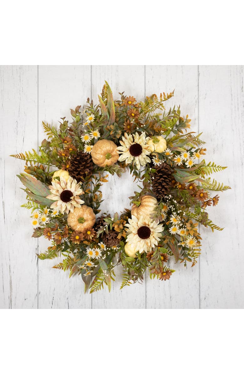Northlight Pumpkins, Sunflowers and Fern Artificial Floral Fall Harvest Wreath - 28", Alternate, color, Ivory