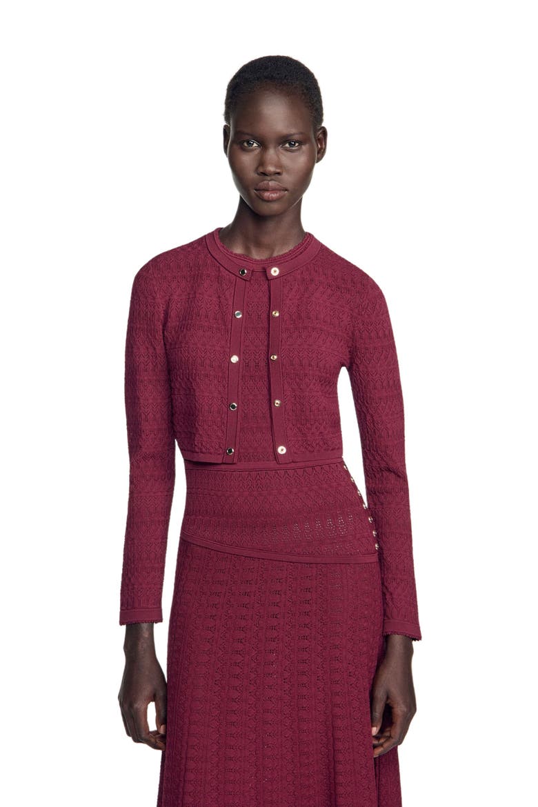 Cropped pointelle knit cardigan, Alternate, color, Bordeaux