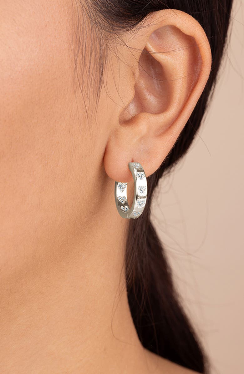 Sterling Forever Cubic Zirconia Heart Station Hoop Earrings, Alternate, color, Silver