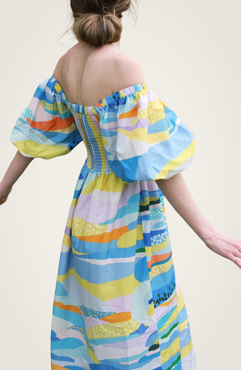 Jessie Zhao New York Landscape Smocked Cotton Silk Dress, Alternate, color, Blue