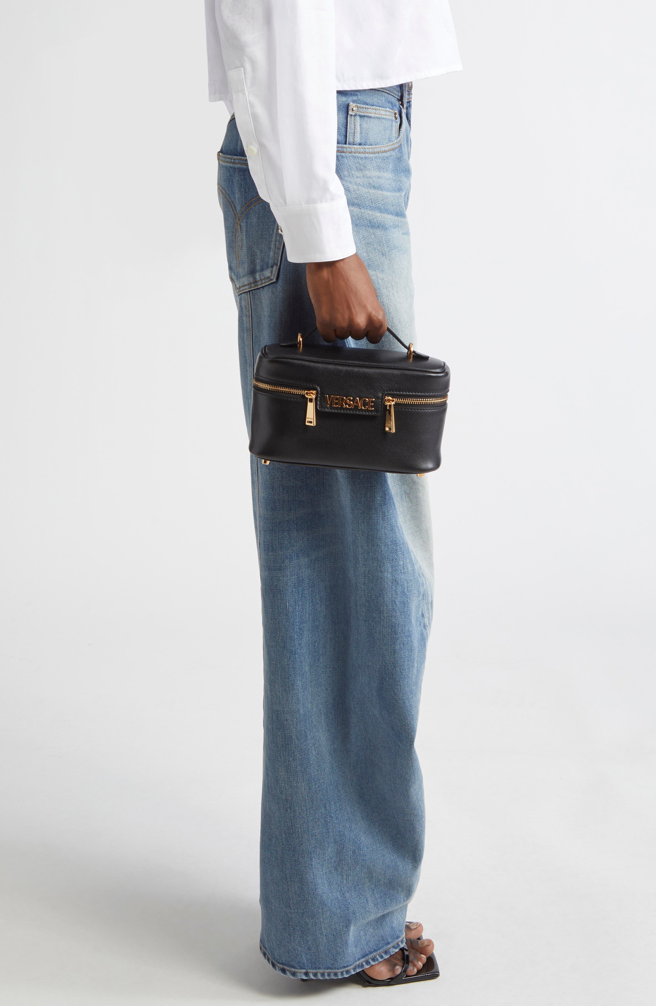 Versace Logo Tag Leather Vanity Bag, Alternate, color, 