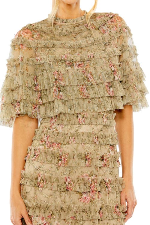 Mac Duggal Floral Mesh Ruffle Midi Dress In Brown