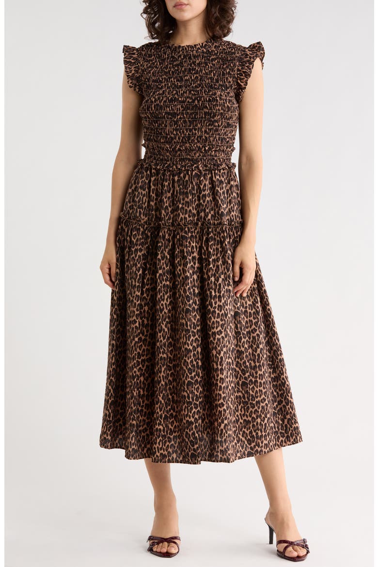 Smocked Mid Dress, Main, color, LEOPARD