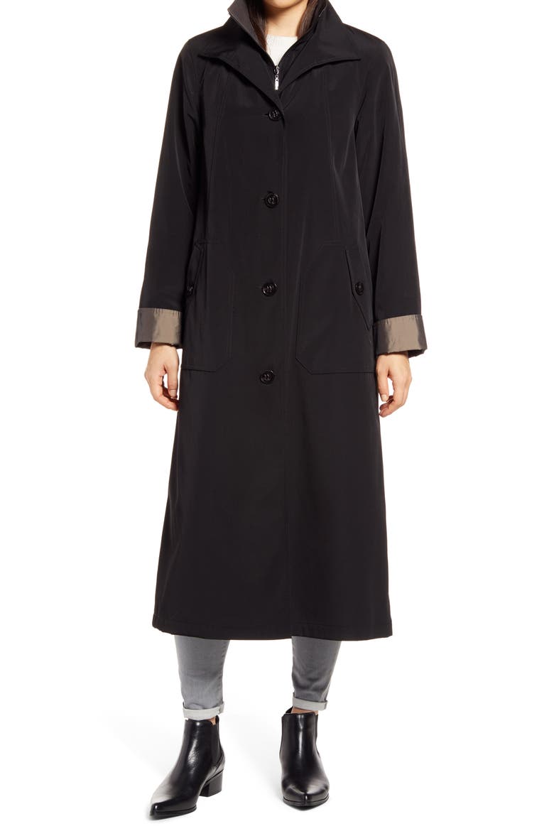 Full Length Two-Tone Silk Look Raincoat, Alternate, color, BLACK