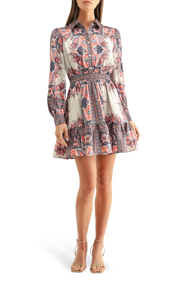 Peyton Long Sleeve Mini Shirtdress, Main, color, CORAL MULTI