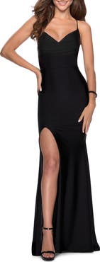 La Femme Form Fitting Jersey Prom Dress with Draped Neckline