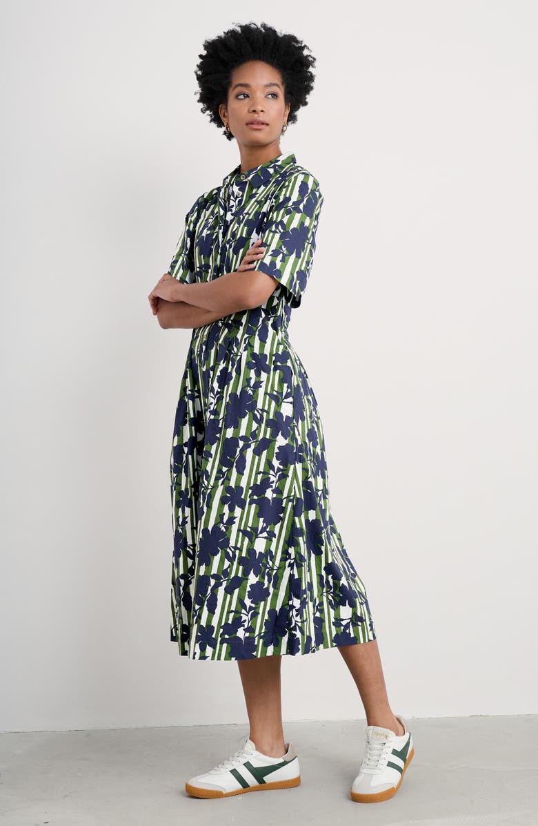 Seasalt Cornwall Wild Liquorice Organic Cotton Midi Shirtdress, Alternate, color, Camellia Stripe Forest Green