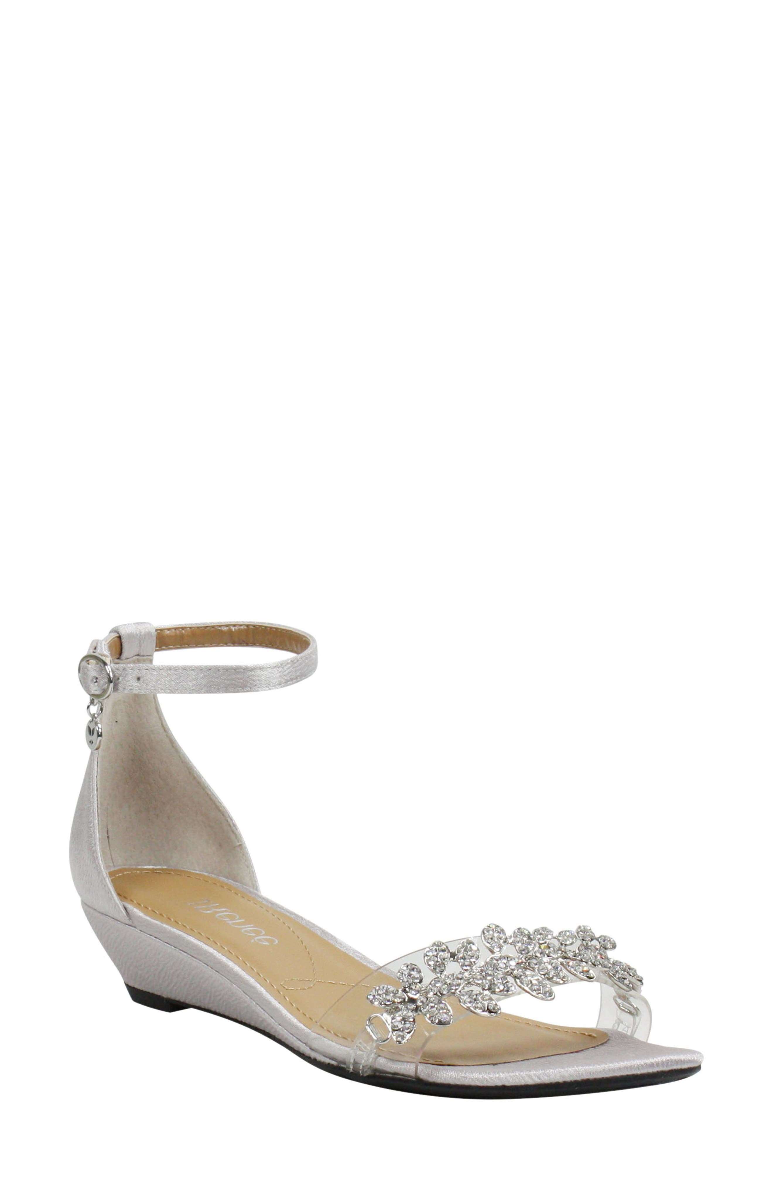 Evania Ankle Strap Sandal, Main, color, SILVER FABRIC