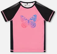 Deux par Deux Girl's Printed Short Sleeve Athletic Top Pink With Butterflies