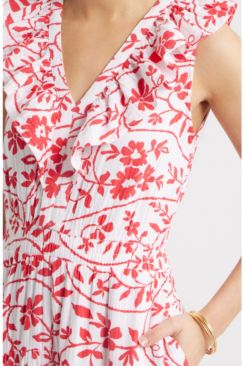 Ruffle Sleeveless Tiered Cotton Midi Dress, Alternate, color, WHITE- RED FLOWER PAISLEY