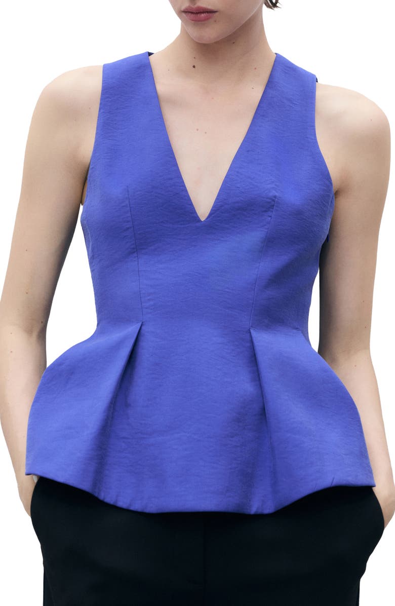 MANGO Deep V-Neck Peplum Top, Main, color, Blue