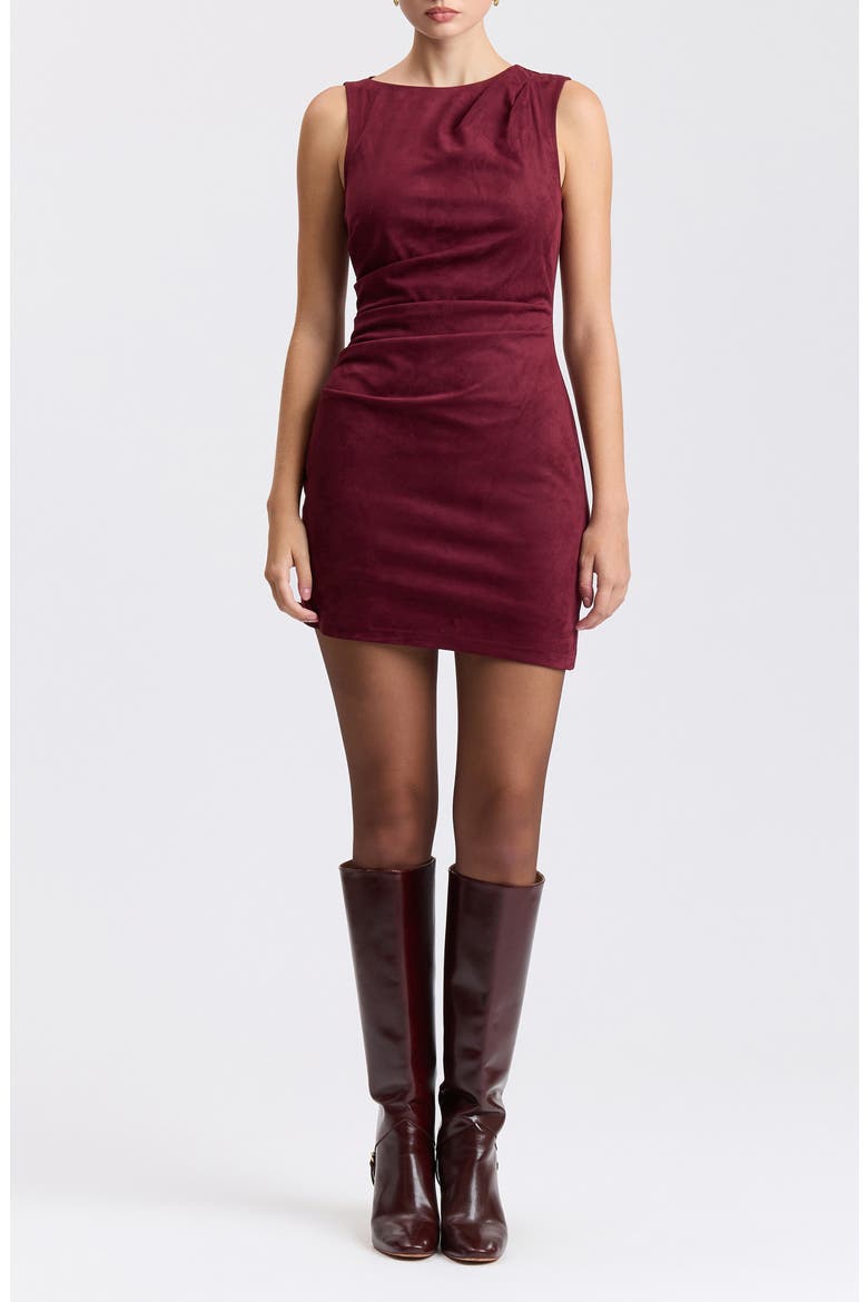 Pleated Sleeveless Faux Suede Minidress, Main, color, BURGUNDY