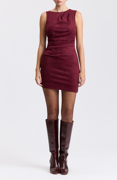 Pleated Sleeveless Faux Suede Minidress