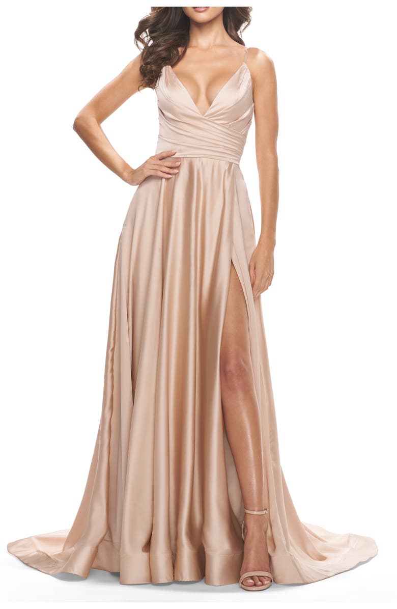 La Femme Long Satin Dress with Side Slit and V Shaped Back, Main, color, Beige