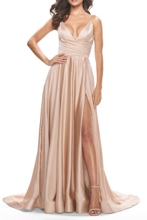 Long Satin Dress with Side Slit and V Shaped Back