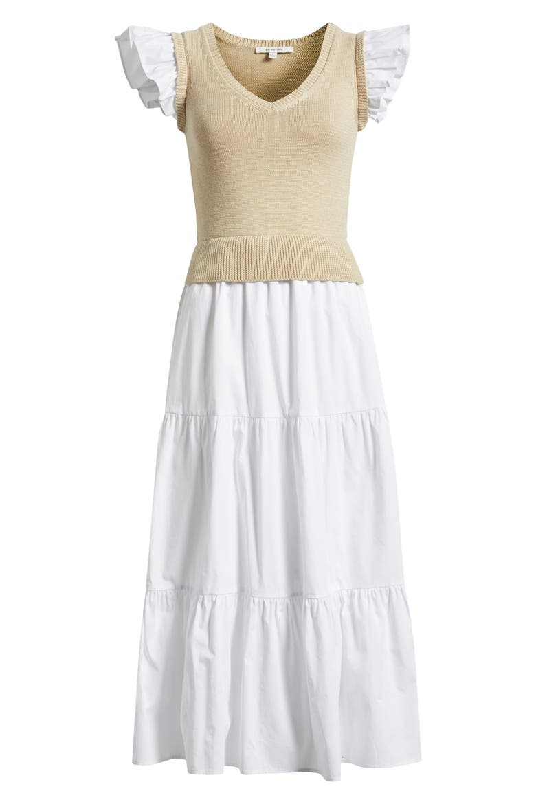 Mixed Media Tiered Cotton Poplin Dress, Alternate, color, KHAKI