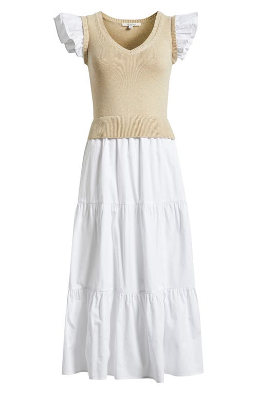 Zoe And Claire Mixed Media Tiered Cotton Poplin Dress In Khaki