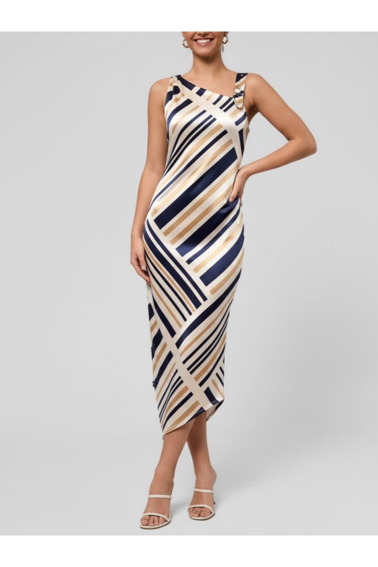 Nerida Asymmetrical Neck Midi Dress, Main, color, Navy Ivory Stripe