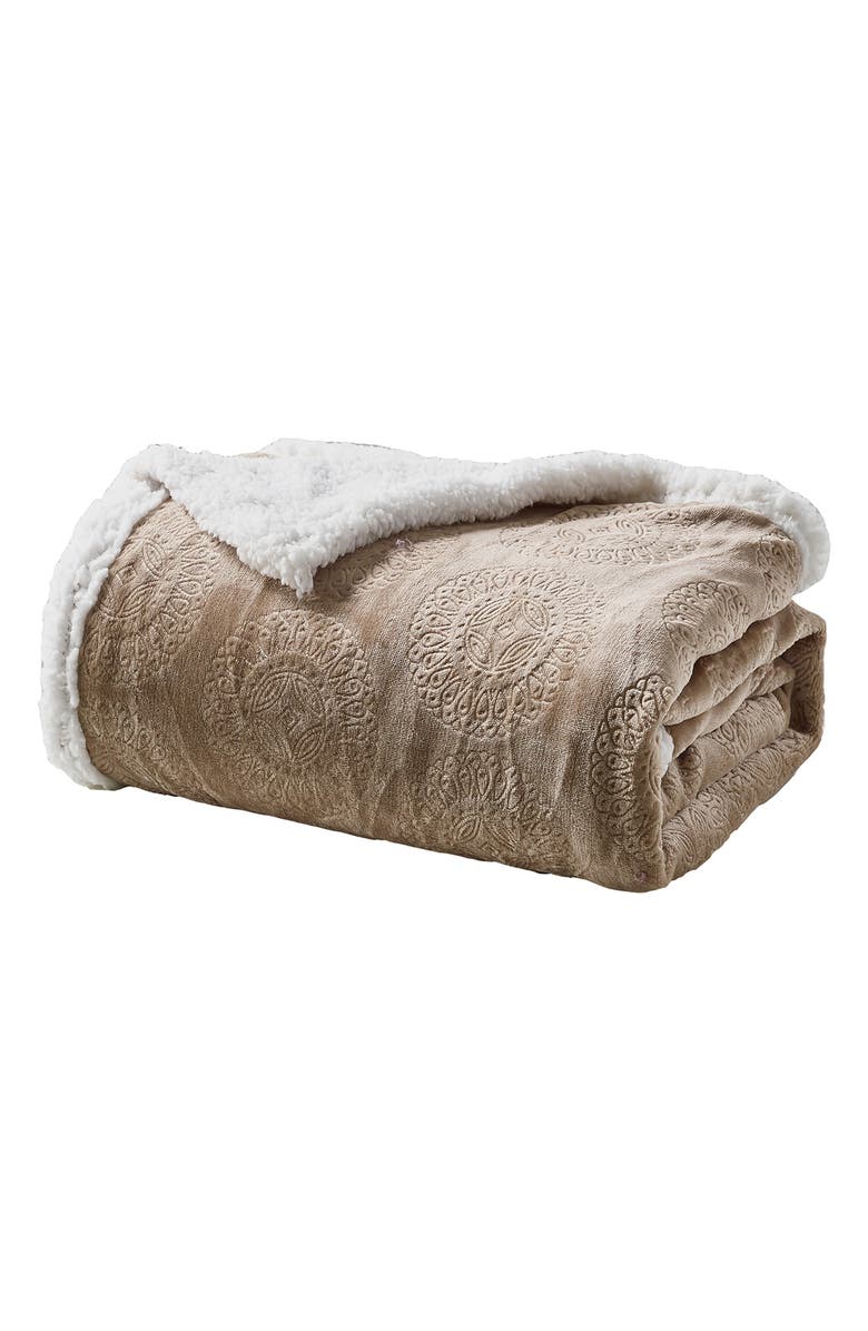 Luxury Home Caesar Embossed Plush Fleece & Faux Shearling Throw Blanket, Main, color, Taupe
