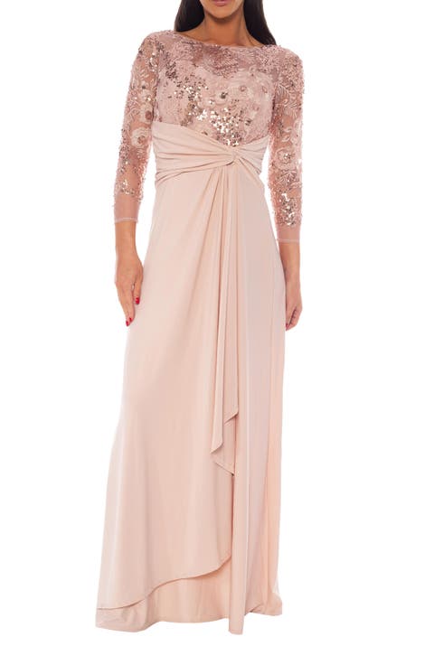 Mesh Sequin Three-Quarter Sleeve Gown