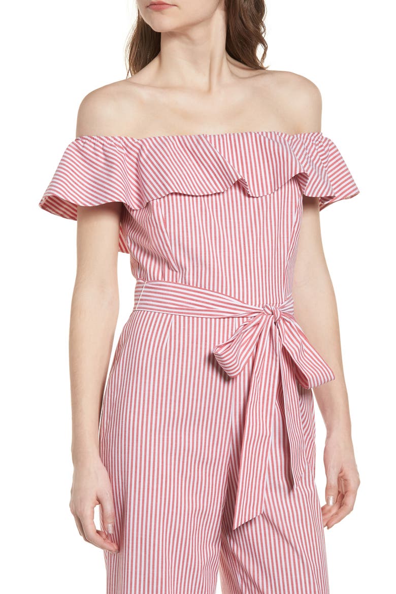 Grenoble Off The Shoulder Jumpsuit, Alternate, color, RED STRIPE