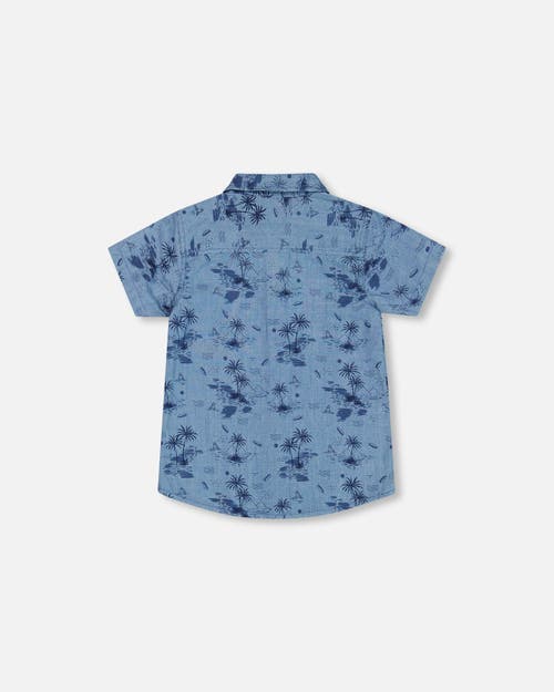 Deux Par Deux Boy's Printed Chambray Short Sleeve Shirt Pale Blue And Navy In Pale Blue And Navy