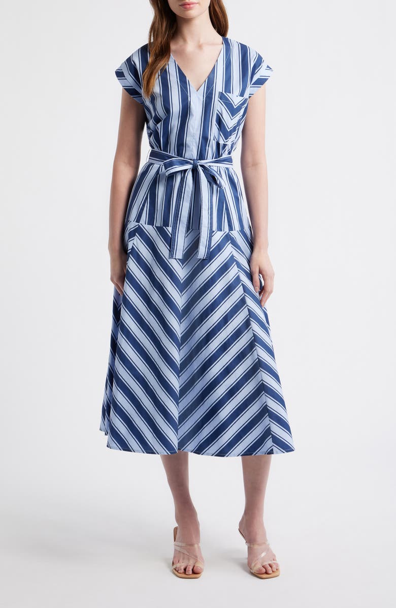 ZOE AND CLAIRE Stripe Tie Waist Maxi Dress, Main, color, Blue Stripe