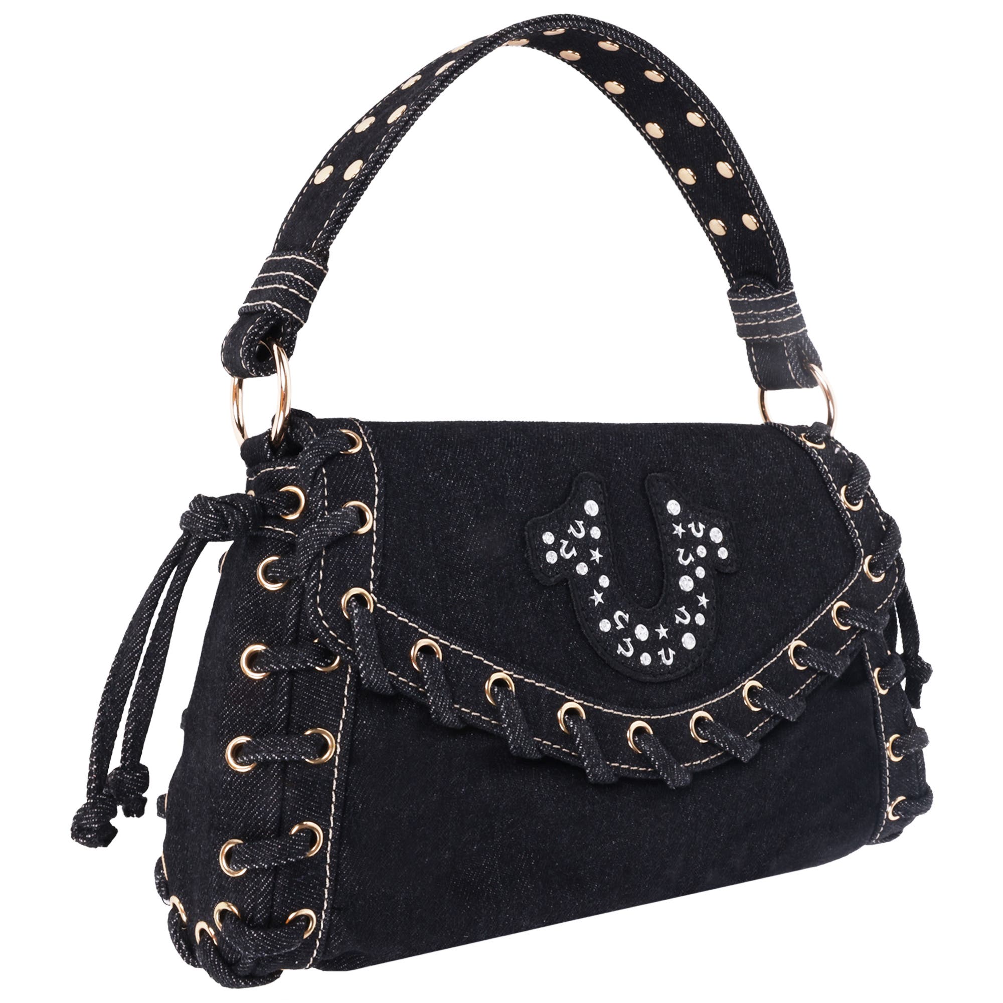 True Religion Studded Horseshoe Eyelet Denim Flap Bag, Alternate, color, Black