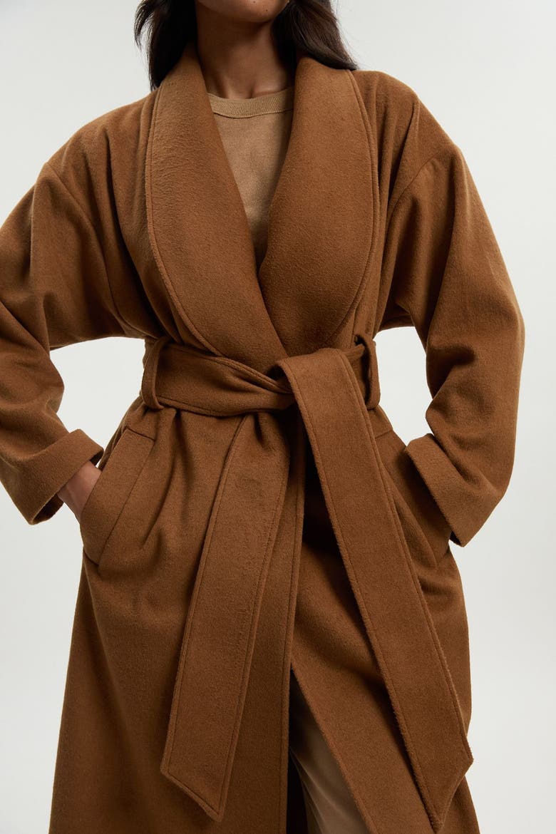 Brushed Wool Wrap Tailored Maxi Coat, Alternate, color, Camel