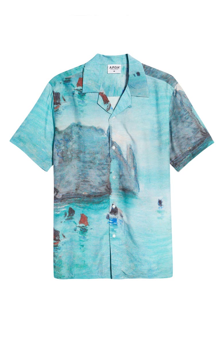Topman Monet Boat Print Short Sleeve Button-Up Shirt, Alternate, color, 