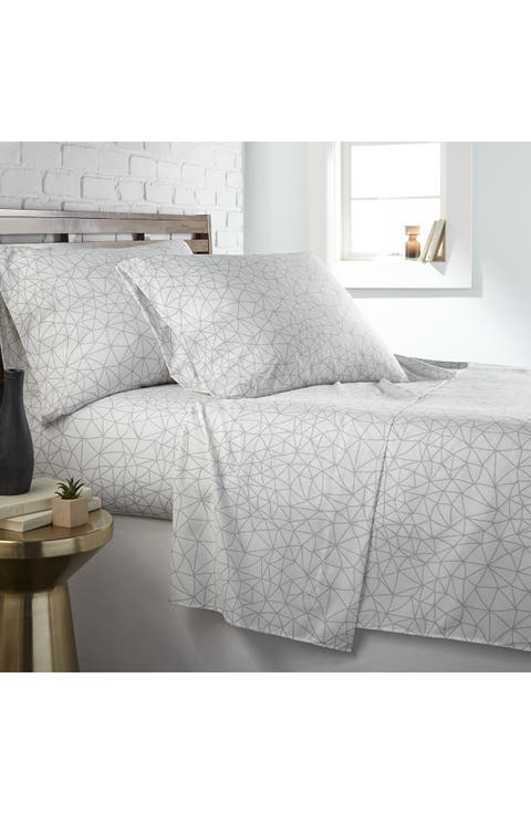 Queen Sized Modern Printed Sheet Set - Blue /White