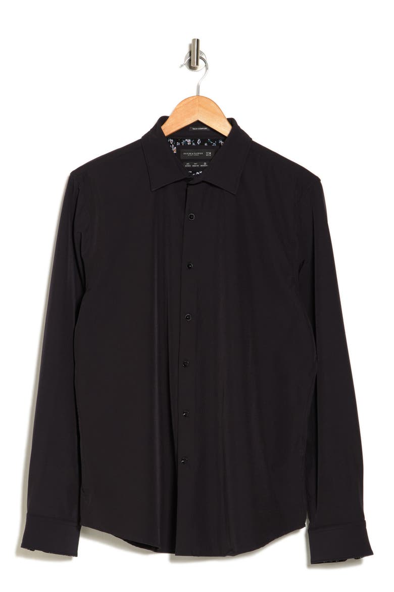 Dressy Solid Stretch Button-Up Tech Shirt, Alternate, color, BLACK