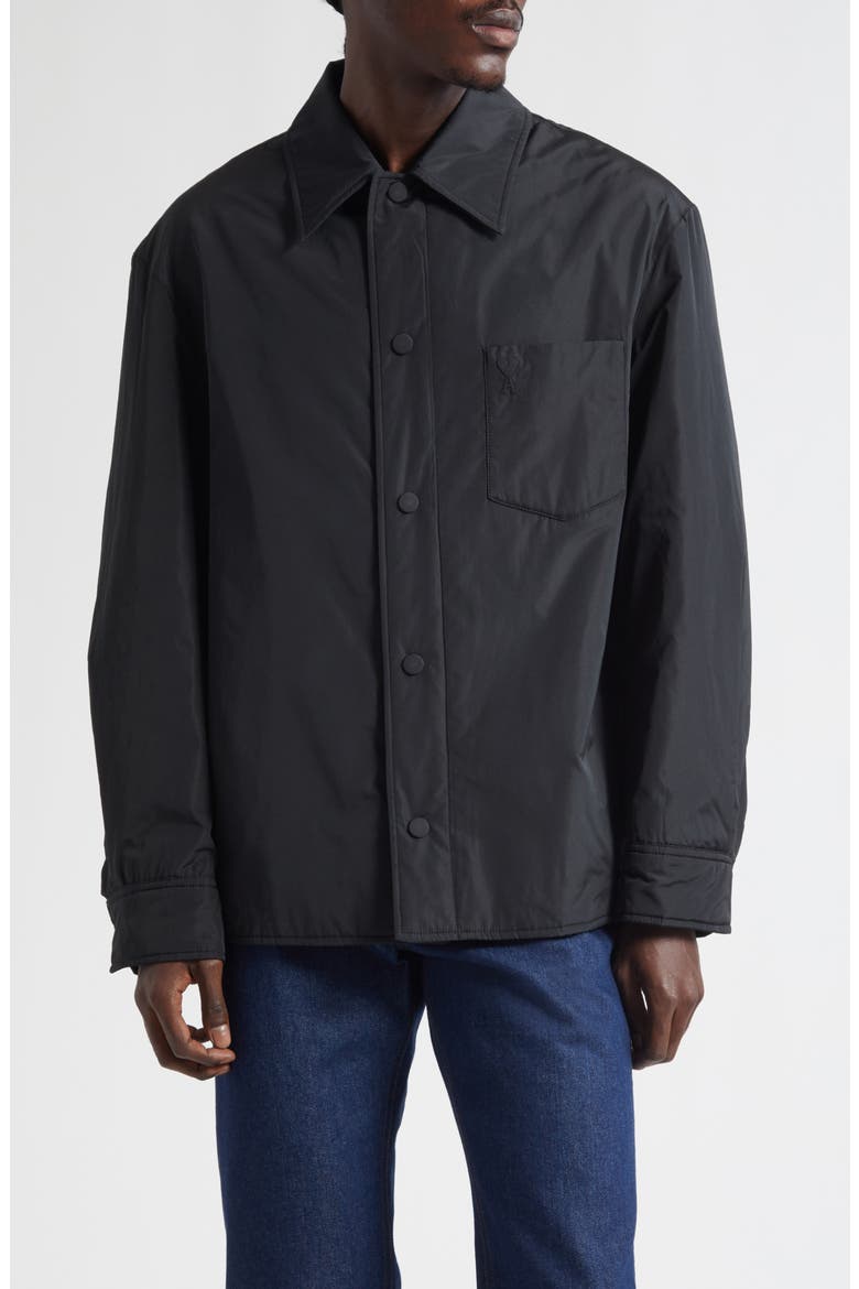 Ami de Coeur Embroidered Padded Water Repellent Shirt Jacket, Main, color, NOIR