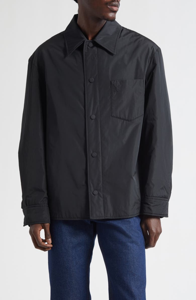 AMI PARIS Ami de Coeur Embroidered Padded Water Repellent Shirt Jacket, Main, color, Noir