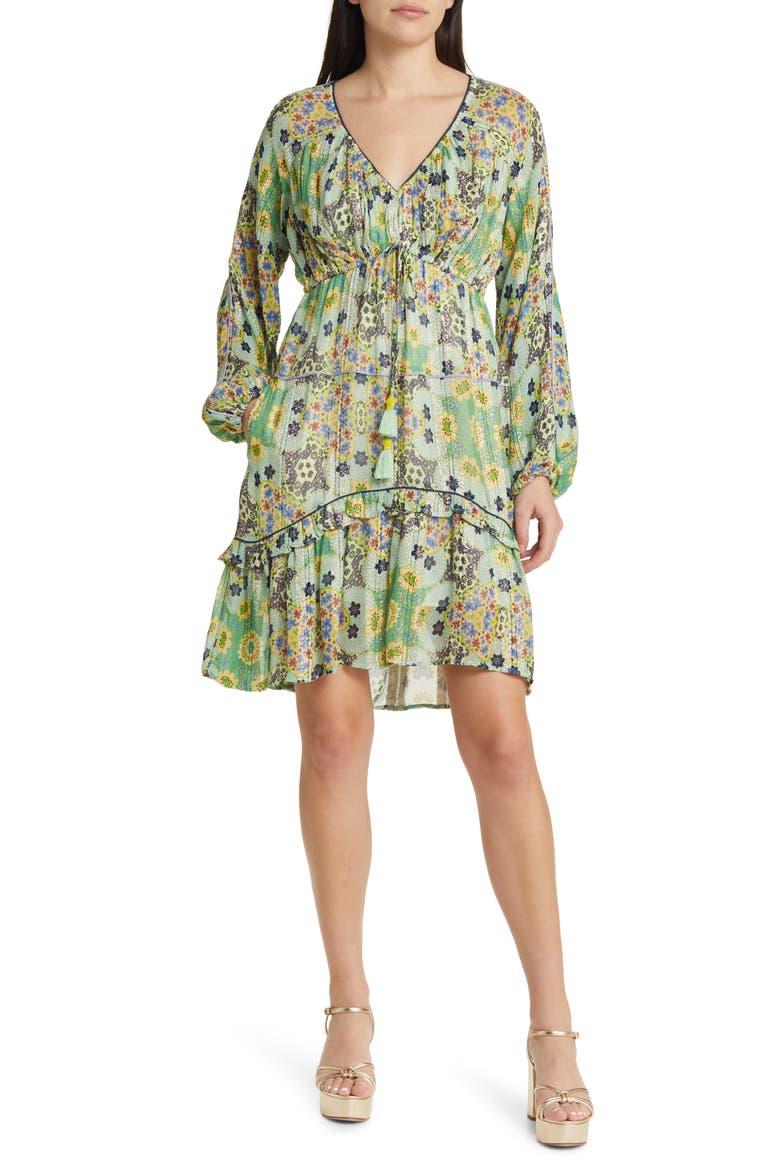 Crissta Metallic Floral Long Sleeve Dress, Main, color, GREEN
