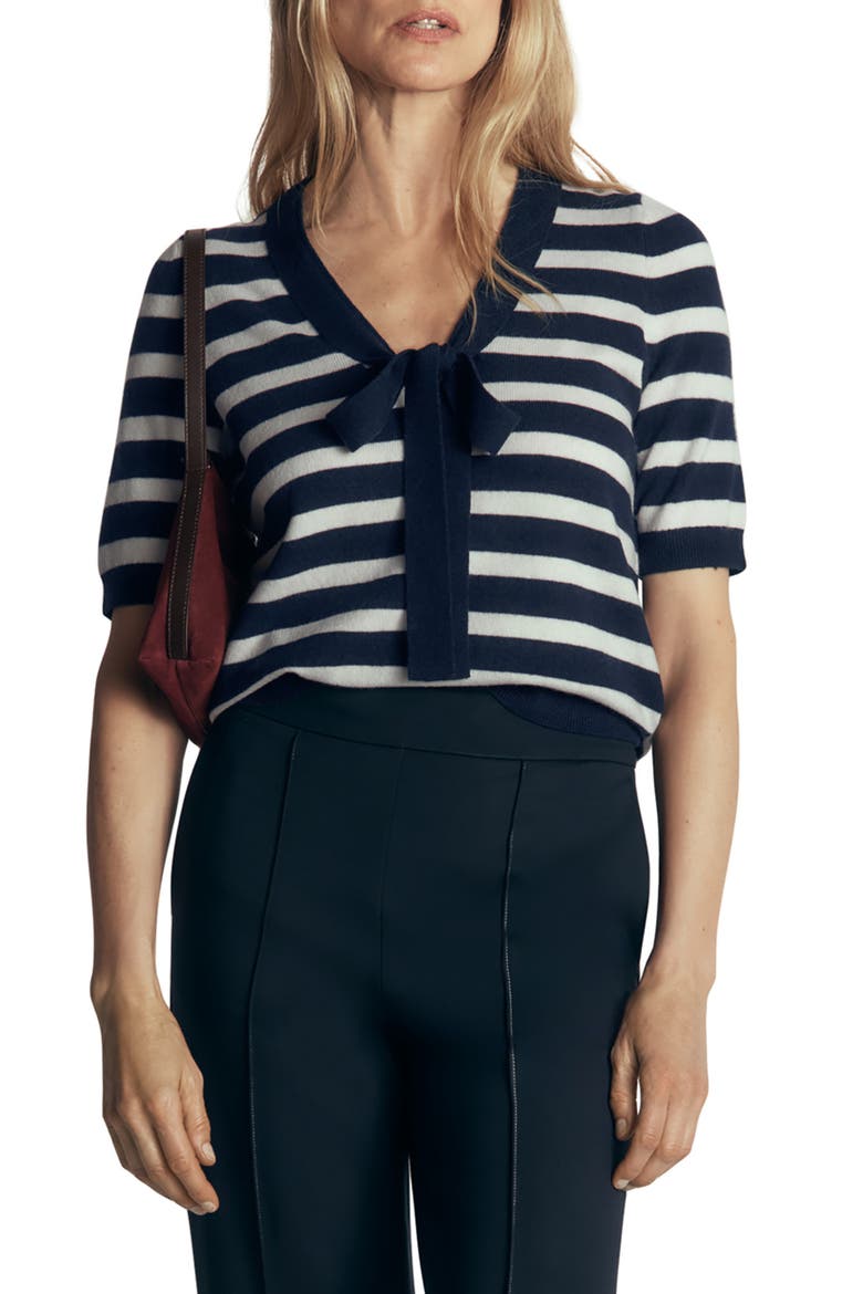 Felicity Bow Cotton & Cashmere Sweater, Main, color, NAVY,IVORY STRIPE