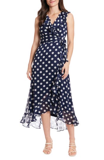 London Times Polka Dot Sleeveless Faux Wrap Chiffon Dress In Navy White