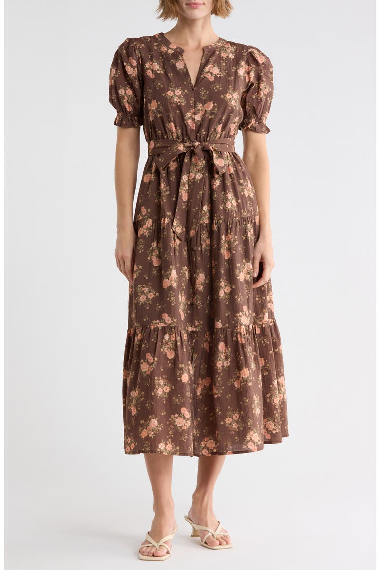 Floral Tie Waist Midi Dress, Main, color, BROWN MULTI