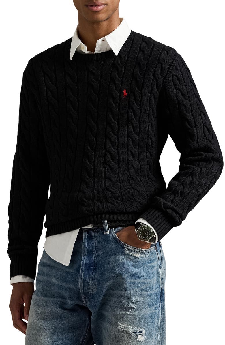 Polo Ralph Lauren Cable Knit Cotton Crewneck Sweater, Main, color, Polo Black