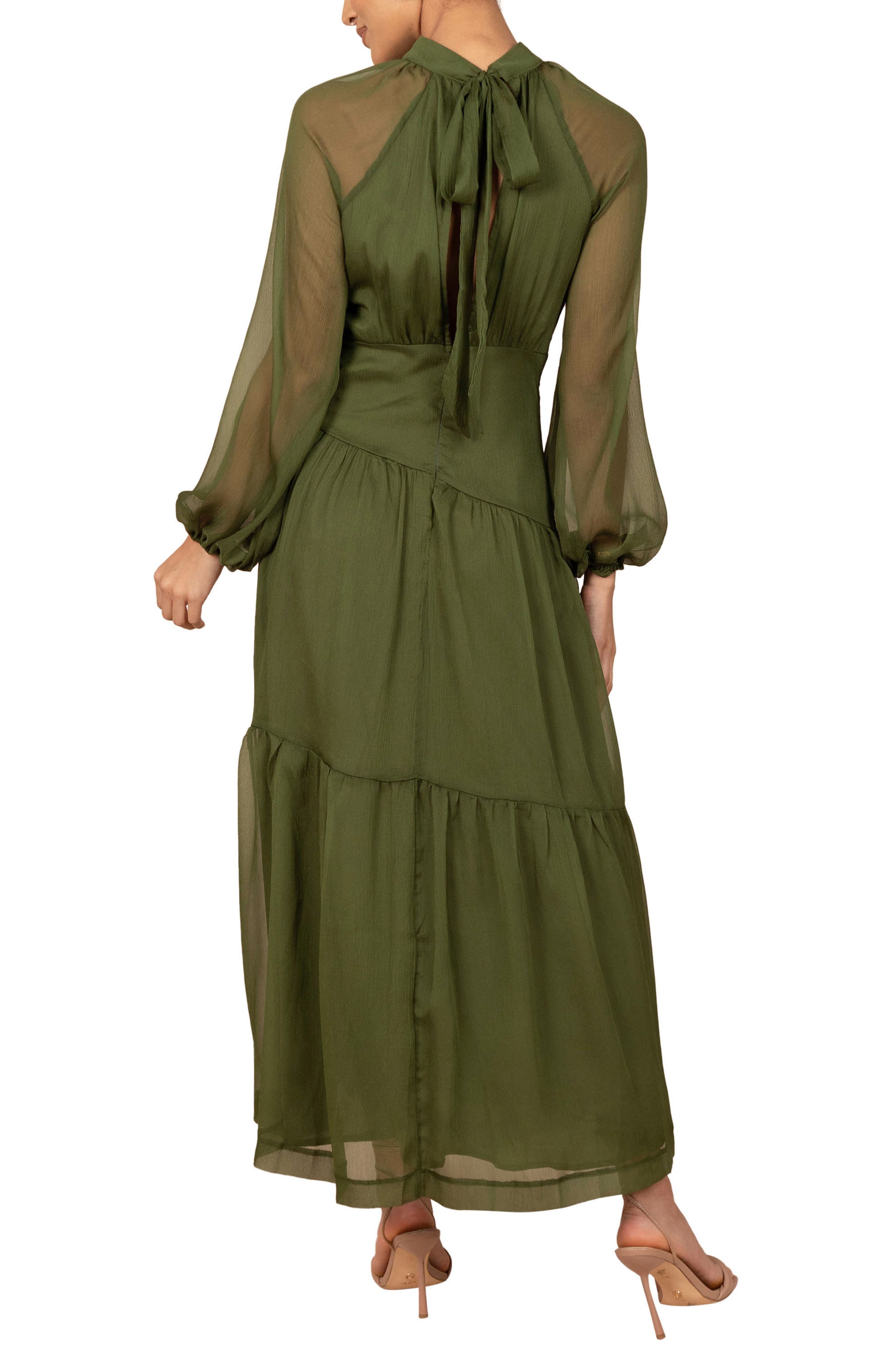 olive green maxi dress with sleeves Hyacinth House Ruffle Collar Louisa Olive Green / XXS perfect for sophisticated occasions Olive Green Silk Dress with