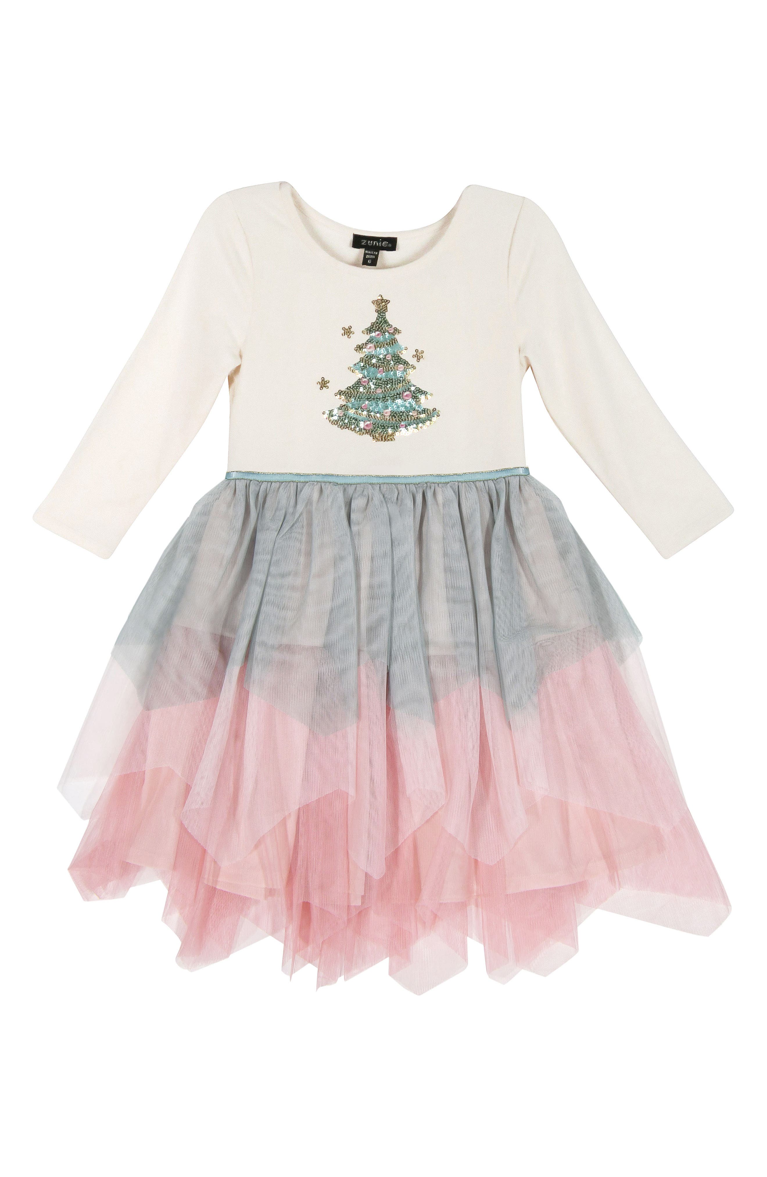 Zunie Kids' Long Sleeve Sequin Tree Scattered Hem Tutu Dress