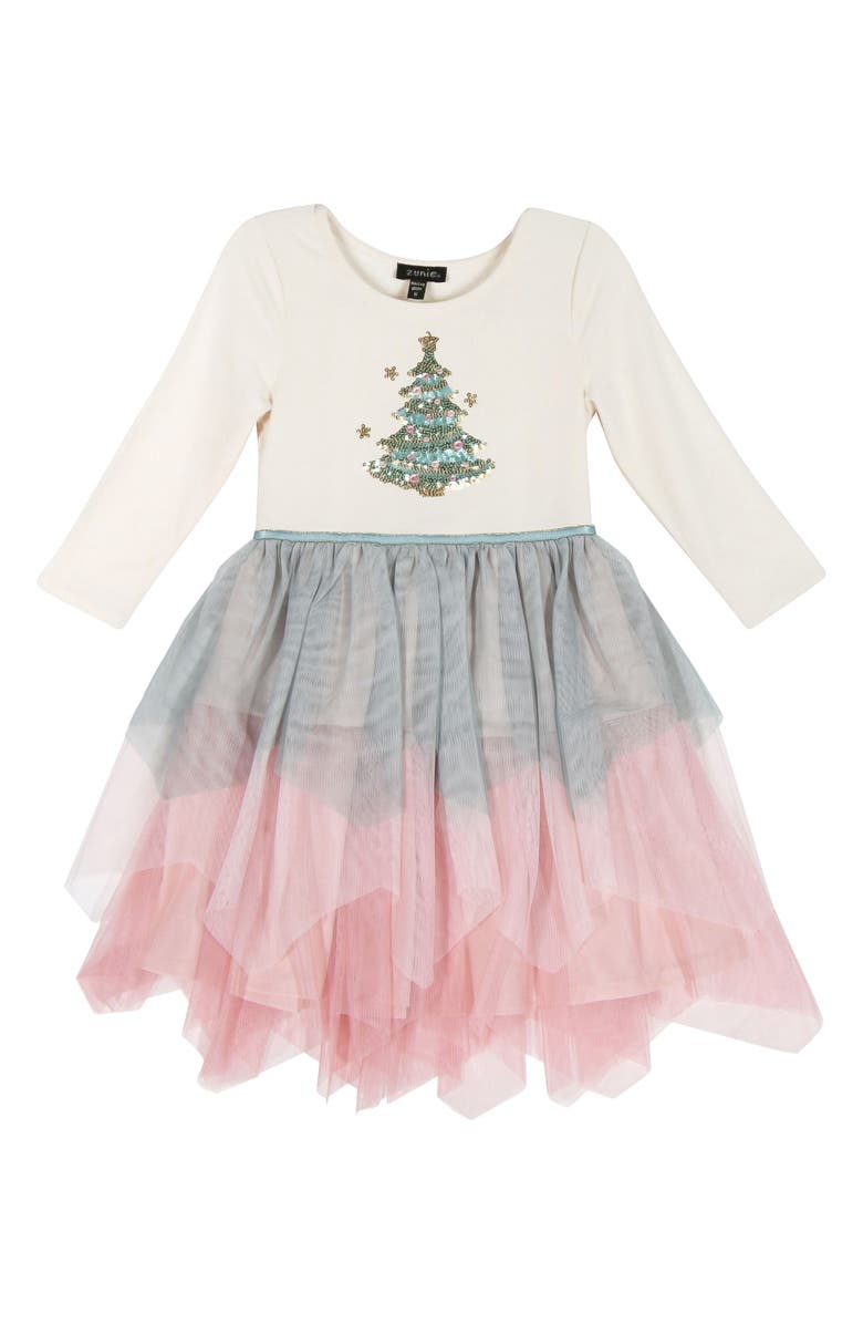 Zunie Kids' Long Sleeve Sequin Tree Scattered Hem Tutu Dress, Main, color, Champ/Mult