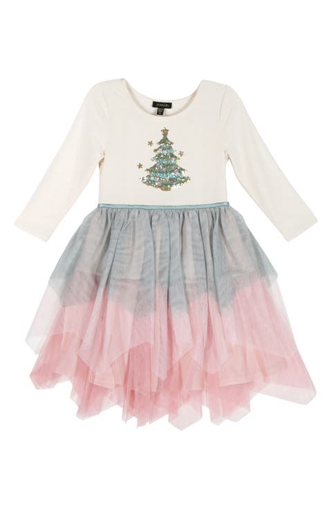Kids' Long Sleeve Sequin Tree Scattered Hem Tutu Dress (Little Kid)