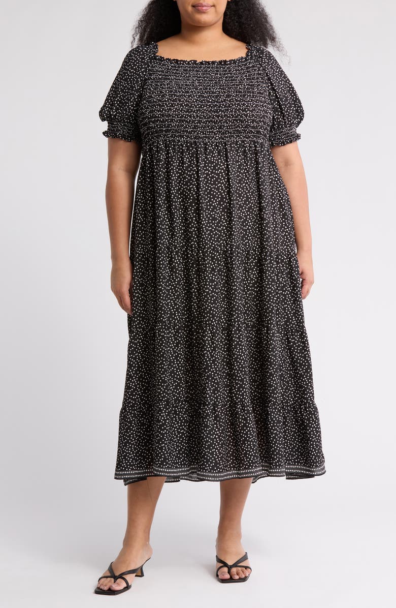 MAX STUDIO Smocked Short Sleeve Tiered Maxi Dress, Main, color, Black/ Ivory Random Dot
