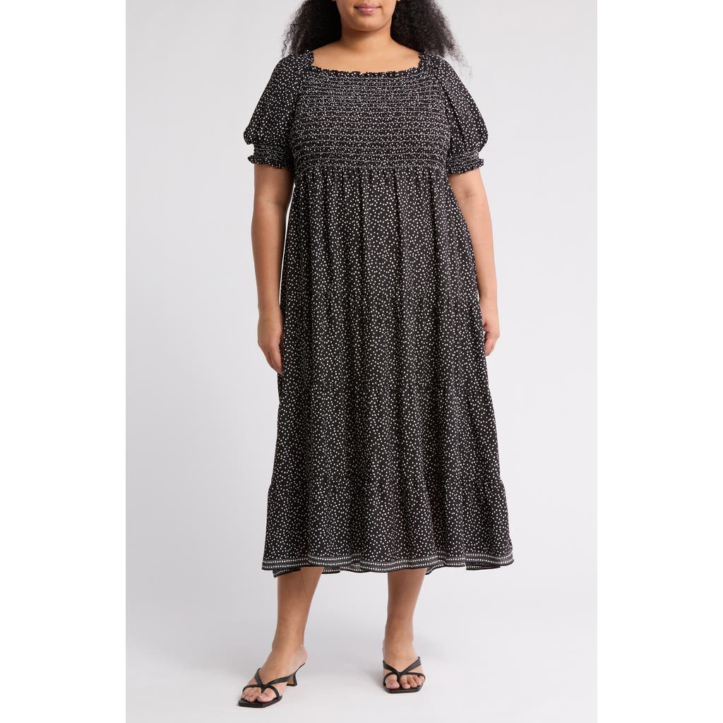 Max Studio Smocked Short Sleeve Tiered Maxi Dress In Black