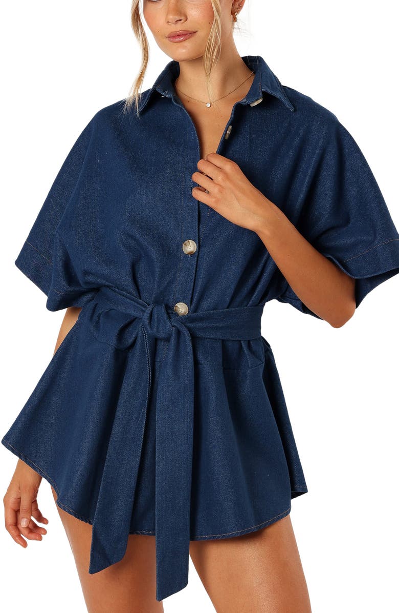 Petal & Pup Harriette Tie Waist Denim Romper, Alternate, color, 