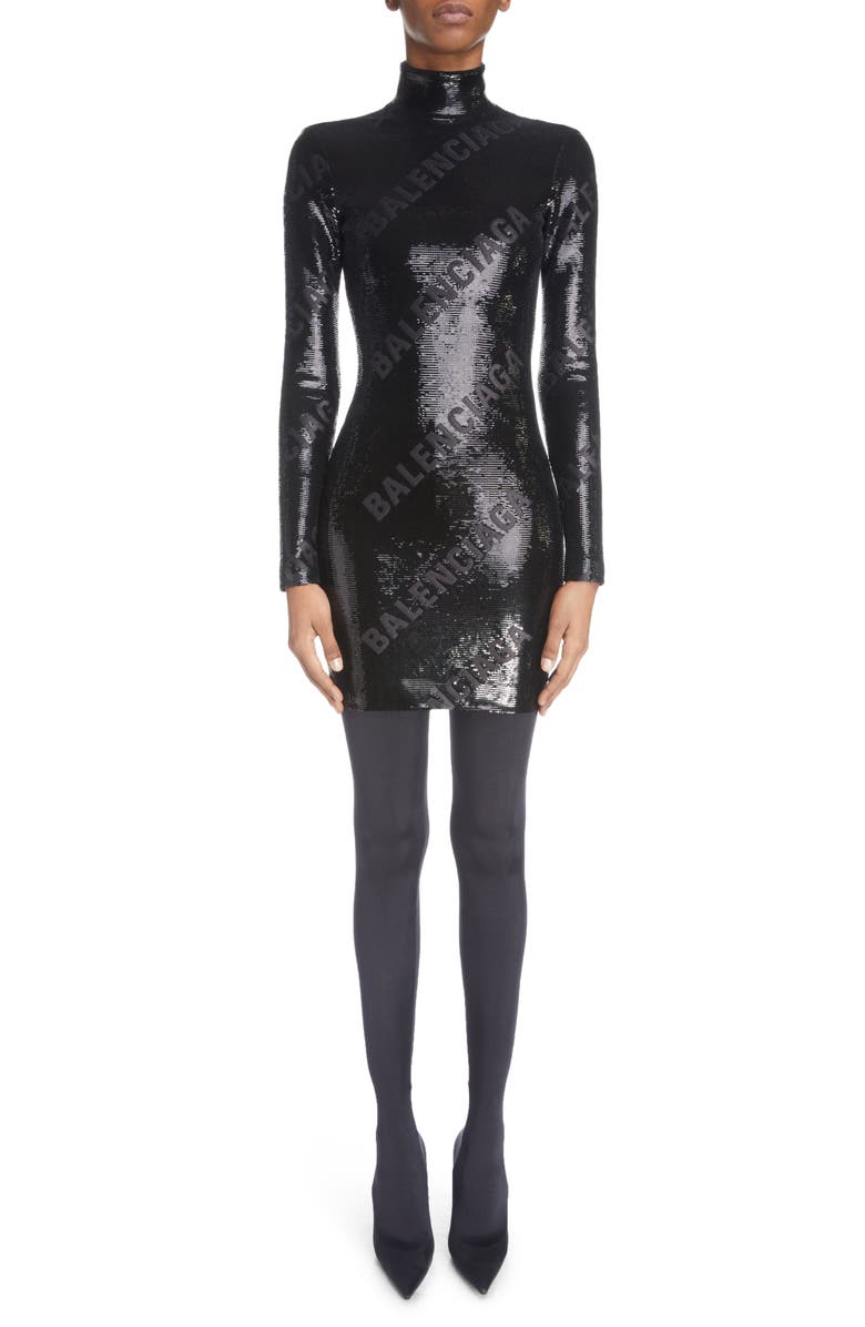 Balenciaga Sequin Logo Long Sleeve Turtleneck Body-Con Dress, Main, color, Black/ Black Mat