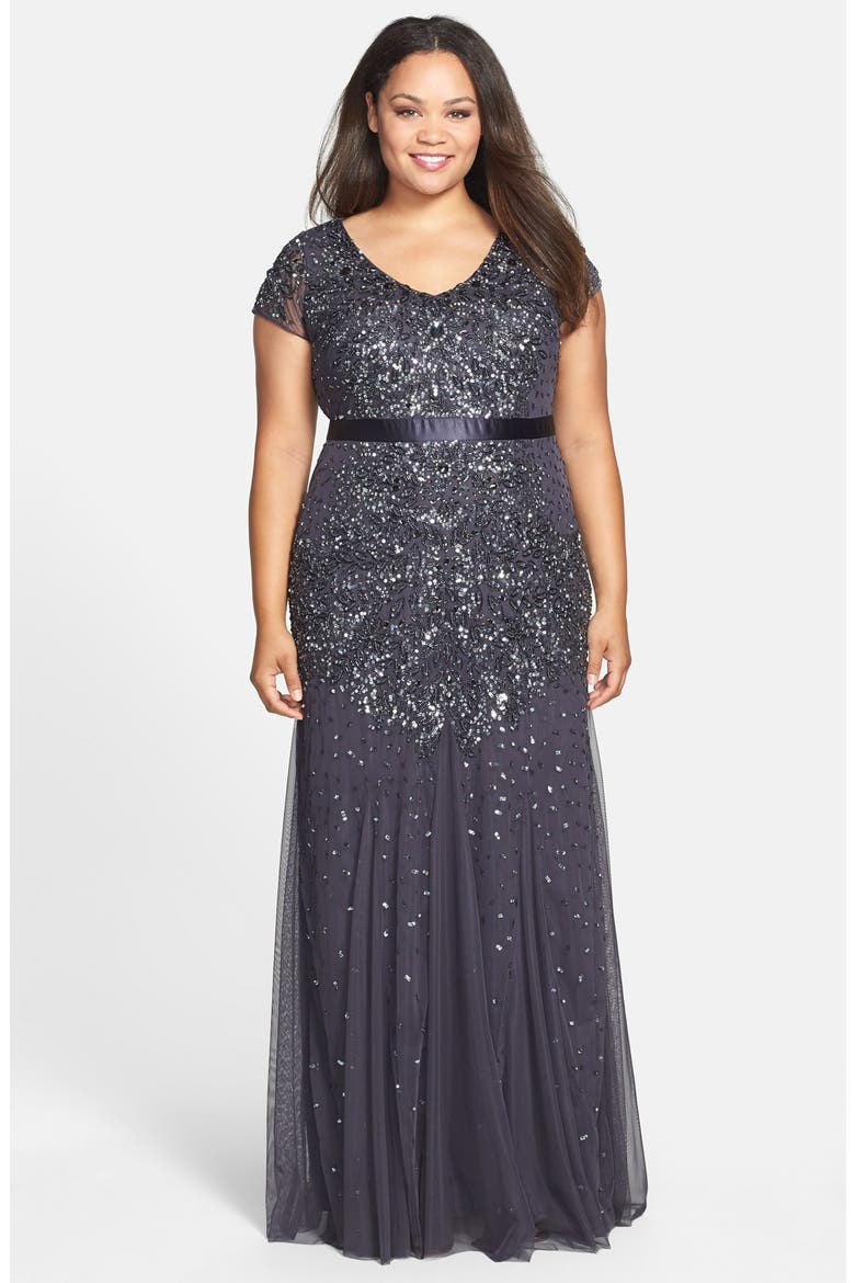 Beaded V-Neck Gown, Main, color, GUNMETAL