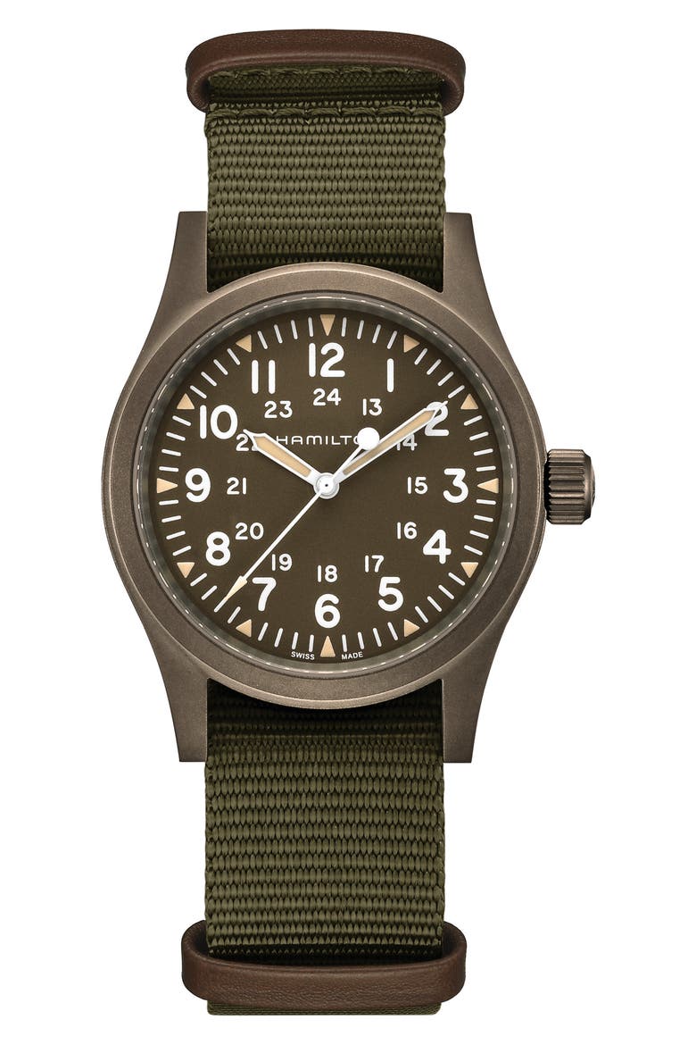 Khaki Field Mechanical NATO Strap Watch, 38mm, Main, color, GREEN
