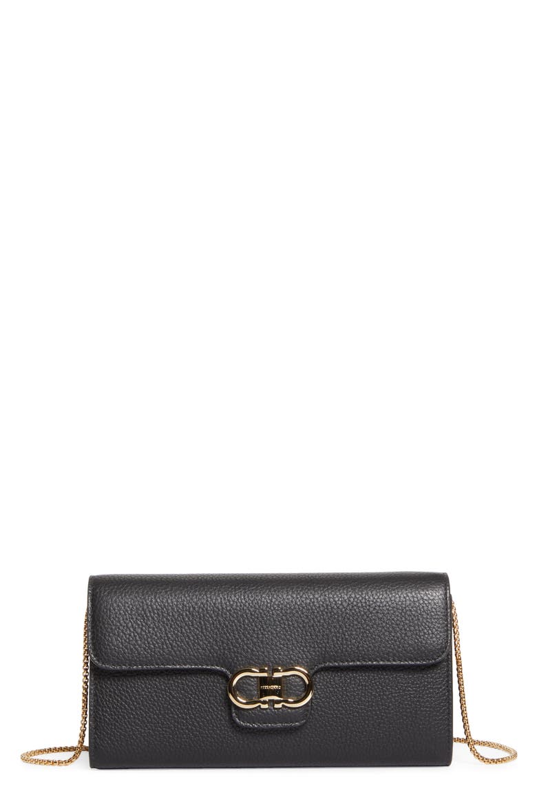 Gancio Grained Leather Wallet on a Chain, Main, color, NERO/ FLAME RED